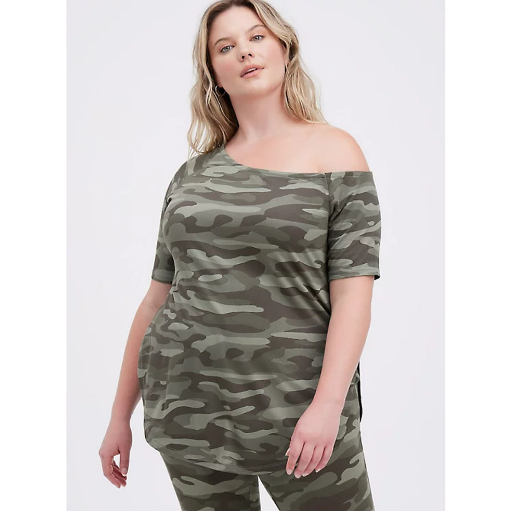 Torrid Multi-Tone Green Camo Super Soft Off-The-Shoulder Tunic Top Women's 3/3X